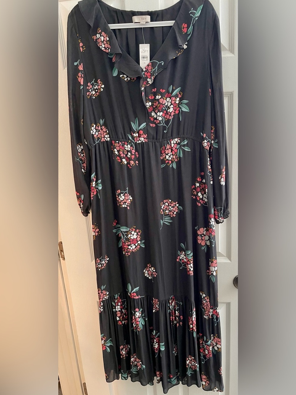 LOFT Dark Grey Maxi Dress with Pink Floral and Green Leaves